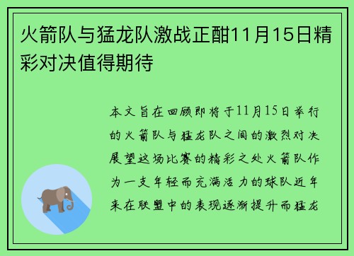 火箭队与猛龙队激战正酣11月15日精彩对决值得期待